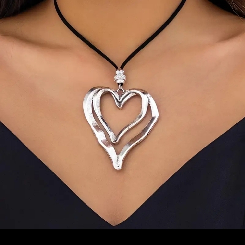 Silver  Large Abstract Heart Pendant  Long Suede Leather Necklace